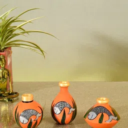 AAKRITI ART CREATIONS Set Of 3 Orange Fishy Terracotta Vases-image-22