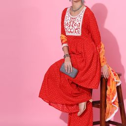 KALINI Bandhani Printed Tiered Thread Work Anarkali Kurta with Sharara & With Dupatta image 5