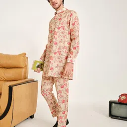 Project Bandi Floral Printed Band Collar Chanderi Cotton Kurta With Trousers-74