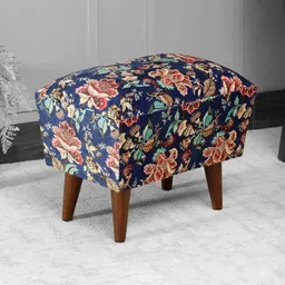 GLOBALLY INDIAN Blue Floral Rectangular Puff Acacia Wood Ottomans-33