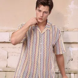 ZYNG Chevron Woven Design Semi Sheer Regular Casual Shirt-image-13