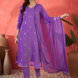 Sangria Floral Embroidered V-Neck Sequinned Straight Kurta Trousers & Dupatta-picture-23