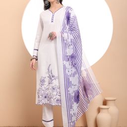 Yufta Women Floral Embroidered Regular Chikankari Pure Cotton Kurta with Trousers & With Dupatta-image-17