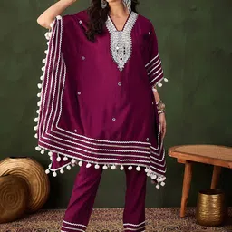 Sangria Embroidered Mirror Work Kaftan With Trousers-picture-22