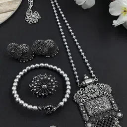 NAMAN ARTS Silver-Plated Oxidised Necklace Jewellery Set-44