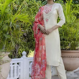 Navlik Women Floral Yoke Design Regular Thread Work Chanderi Silk Kurta with Trousers & With Dupatta-picture-45