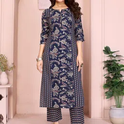 Rangita Floral Printed Notch Neck Pure Cotton Straight Kurta With Trousers-picture-29