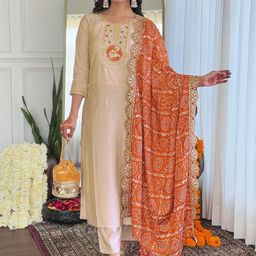 PAVANPUTRA FAB Floral Yoke Design Sequinned Straight Kurta With Trousers & Dupatta-44