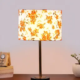 Aura White & Orange Floral Printed Cylindrical Shaped Cotton Shade Wooden Table Lamp-7