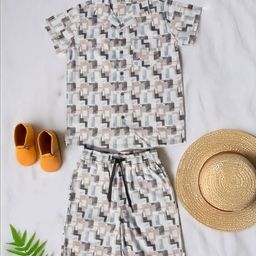 Bella Moda Boys Geometric Printed Spread Collar Pure Cotton Shirt With Shorts-image-116