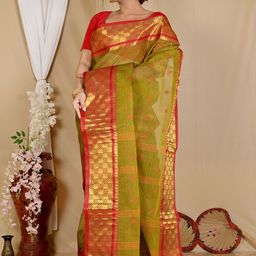 PuJoy Woven Design Pure Cotton Handloom Taant Saree-image-82