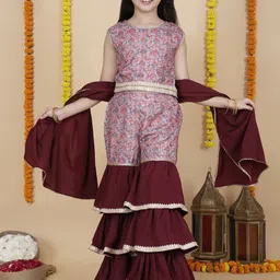 Sangria Girls Printed Top & Sharara With Dupatta Clothing Set-image-14