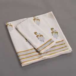 Peepul Tree 2 Pcs Off White & Olive Green Block Printed Cotton Hand & Bath Towel Set-17