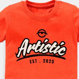KAVEE Pure Cotton Half Sleeves Artistic Text Printed Bio Washed Tee -Orange image 3