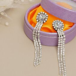 StyleCast Silver-Plated Cubic Zirconia Studded Tasselled Contemporary Drop Earrings-image-89