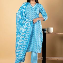 Readiprint Floral Printed Pure Cotton V-Neck Straight Kurta With Palazzos & Dupatta-45