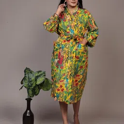 Bohekant Yellow & Green Printed Cotton BathRobe-8
