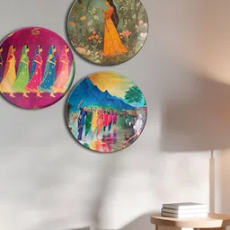 THE QUIRKY HOME Set Of 3 Green & Blue Printed Ceramic Wall Plates-13