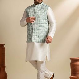 SOJANYA PLUS Mandarin Collar Straight Kurta & Pyjama With Nehru jacket-image-2