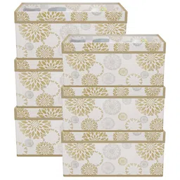 Kuber Industries White & Beige 6 Pieces Printed Storage Box Organisers With Lid-50