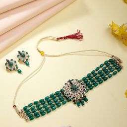 Estele 24KT Gold-Plated Stone Studded & Pearls Beaded Anti-Tarnish Jewellery Set-image-42