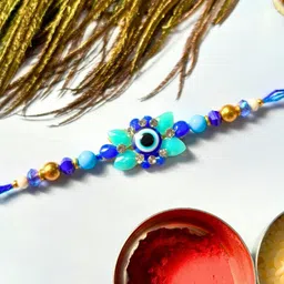 Blue Evil Eye Rakhi Stone Studded & Beaded Thread Rakhi Traditional Handmade Rakhi for Brother-1