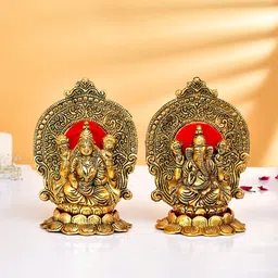 CRAFTAM Gold-Toned and Red Laxmi Ganesh on Lotus Singhasgan Metal Religious Idol Showpiece-5