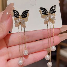 VAGHBHATT Gold-Plated Pearls Beaded & Rhinestone Studded Butterfly Shaped Drop Earrings-36