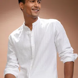 HIGHLANDER Men Comfort Relaxed Fit Band Collar Vertical Striped Cotton Casual Shirt-image-37