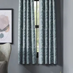 Deco Window Teal & White 2 Pieces Printed Black Out Window Curtain-image-41