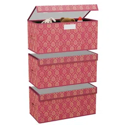 Kuber Industries Maroon & Gold Toned 3 Pieces Printed Storage Box Organisers With Lid-25