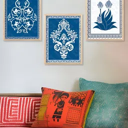 Kotart Brown & Blue 3 Pieces Wooden Floral Modern Painting Wall Arts-picture-0