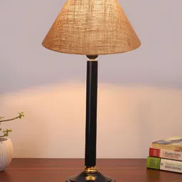 Devansh Beige and Black Wooden Frusturical Shaped Table Lamp-image-22