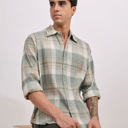 Espanshe Men Tartan Checked Seersucker Spread Collar Pure Cotton Oversized Casual Shirt-image-34