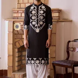 Ankit V Kapoor Floral Embroidered Mirror Work Mandarin Collar Straight Kurta with Salwar-13