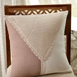Peepul Tree SS-2025 Taupe & Off White Colourblocked Crochet Square Cotton Cushion Cover-picture-25