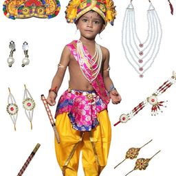 Kaku Fancy dresses Boys Woven Design Krishna Dress Costume With Accessories-image-72
