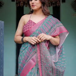 all about you Ethnic Motifs Zari Pure Linen Block Print Saree image 2
