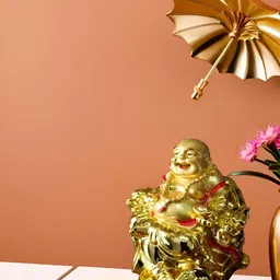 Vrinban International Gold-toned Buddha With Umbrella Religious Idol Marble Showpiece-picture-0