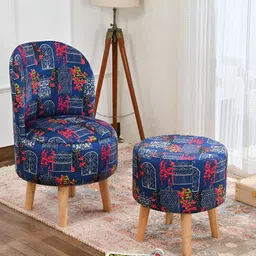 NACIA Blue & Pink 2 Pieces Printed Wooden & Velvet Cylindrical & Round Pouffe Ottomans-image-23