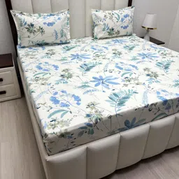 Pure Decor White & Blue Floral 400 TC King Bedsheet with 2 Pillow Covers-picture-9