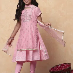 Biba Girls Floral Printed Regular Round Neck Kurta With Legging With Dupatta-image-62