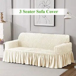 HOKIPO Cream-Coloured Self Design 3-Seater Stretchable Sofa Cover With Arms-2