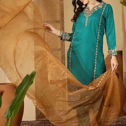 Sangria Women Ethnic Motifs Embroidered Regular Thread Work Kurta with Trousers & With Dupatta-picture-0