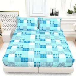 THE WHITE MOSS Blue & White Geometric 210 TC Queen Bedsheet with 2 Pillow Covers-picture-1