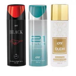 CFS Black, 21 Club Ice Water & Oudh White Set Of 3 Deodorant Body Spray - 200ml Each image 3