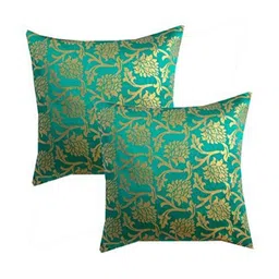 Pink Parrot Blue & Gold-Toned Set of 2 Ethnic Motifs Square Cushion Covers-image-33