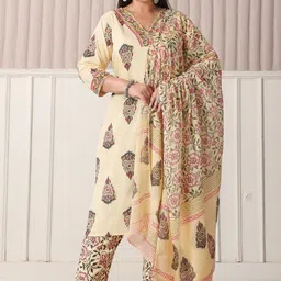 Yufta Plus Size Floral Printed Sequinned Pure Cotton Kurta With Trousers & Dupatta-12