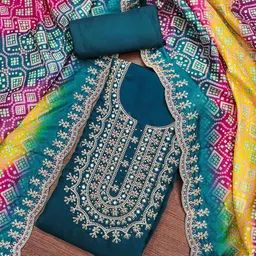 SAINOOR Bandhani Sequinned Embroidered Pure Silk Semi-Stitched Dress Material-picture-2