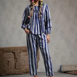 Nyaro Striped & Embroidered Round Neck Lace Work Top With Trousers-1
